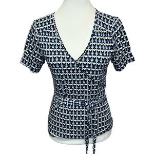 Loft Printed Faux Wrap Blouse Blue